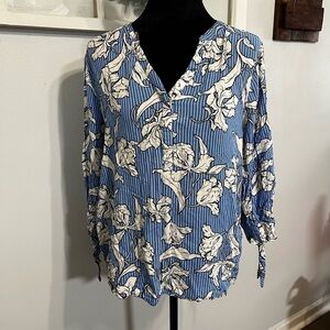 APT 9 Womens Floral Striped Top Boho Rayon Flowy Tie Sleeve Festival Beach Sz L